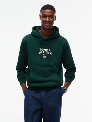 green arch logo fleece drawstring hoody for men tommy hilfiger
