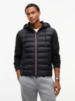 black hoodie met ritssluiting en gemengde textuur voor heren - tommy hilfiger