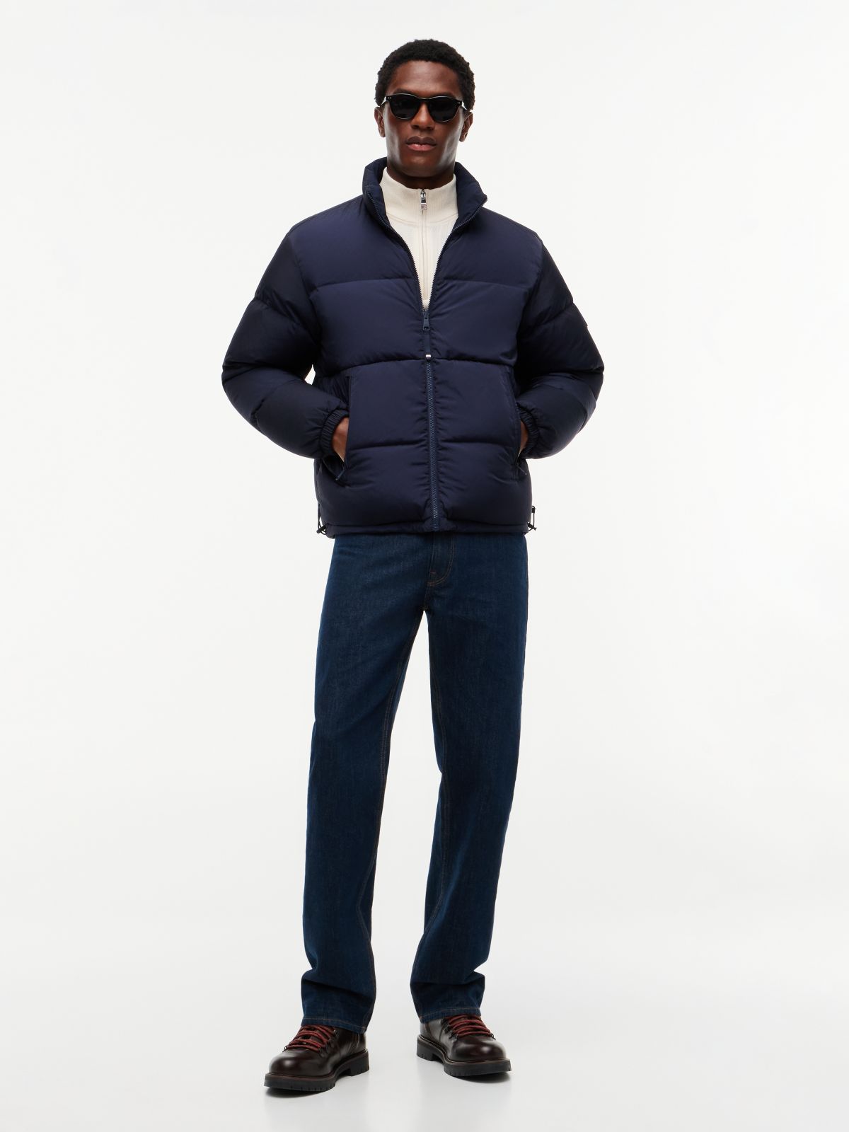 Flag Jacquard Down Reversible Puffer Jacket — Blue