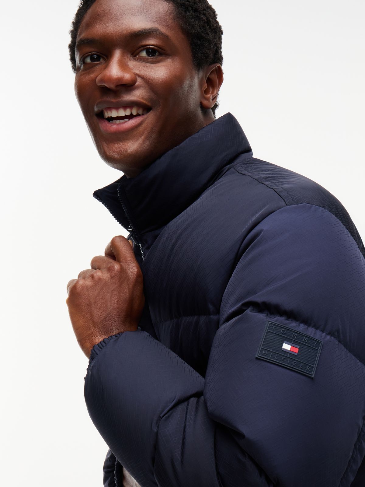 Flag Jacquard Down Reversible Puffer Jacket — Blue