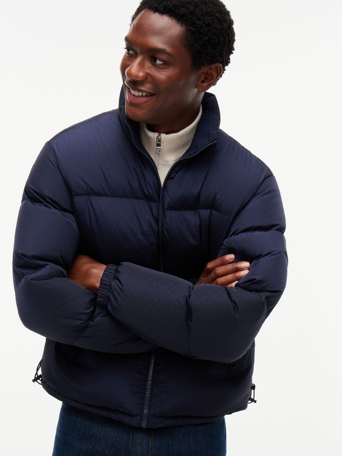 Flag Jacquard Down Reversible Puffer Jacket — Blue