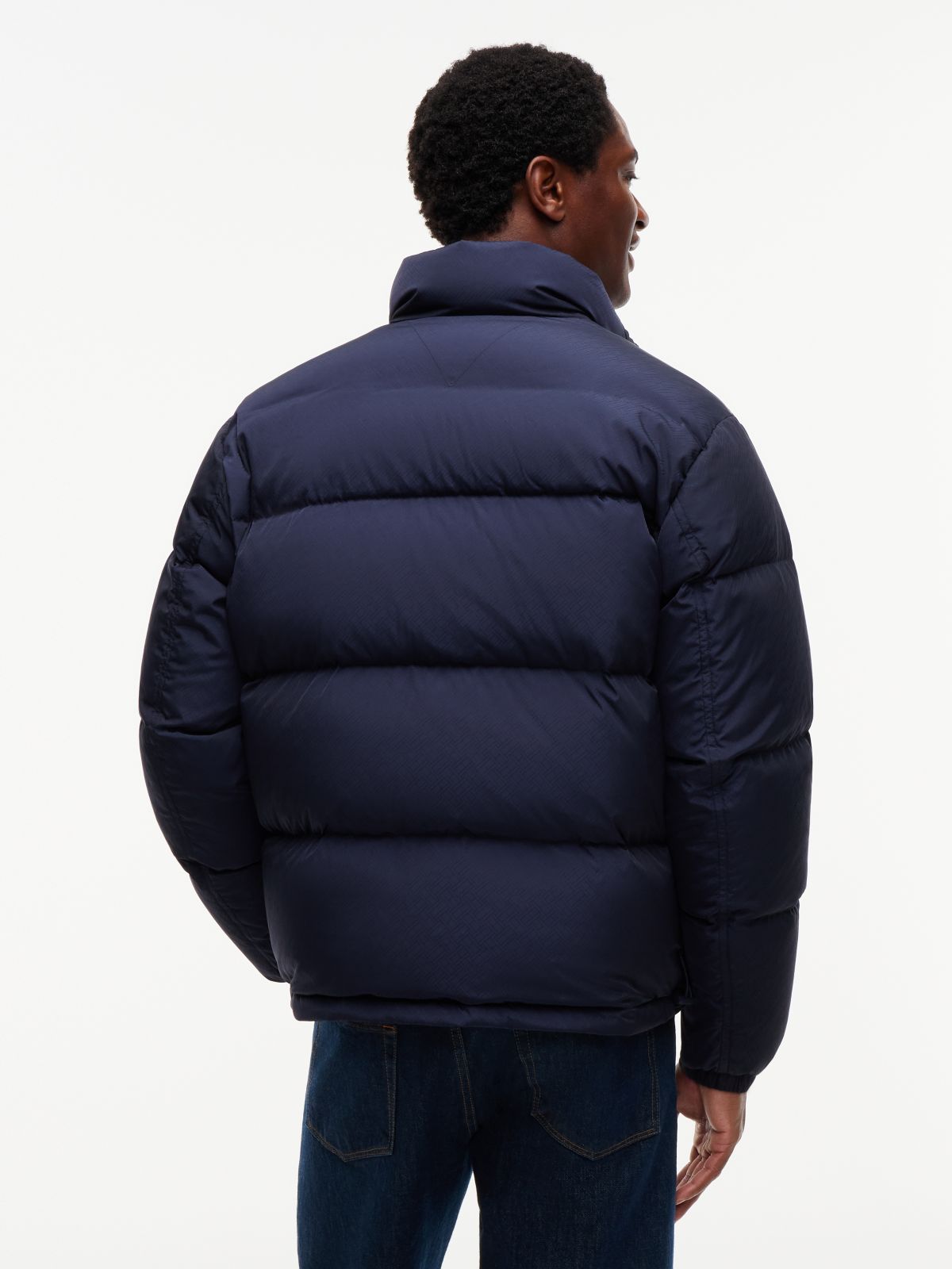 Flag Jacquard Down Reversible Puffer Jacket — Blue