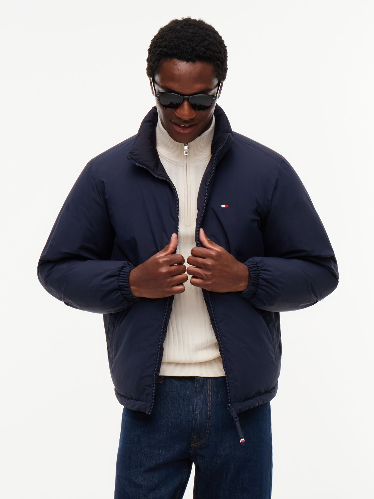 Flag Jacquard Down Reversible Puffer Jacket — Blue