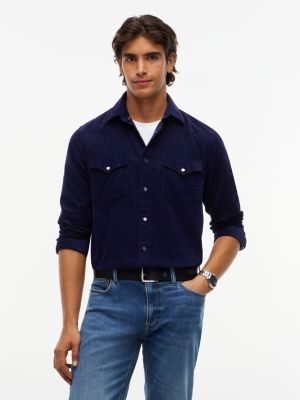 blue regular fit corduroy western-overhemd voor heren - tommy hilfiger