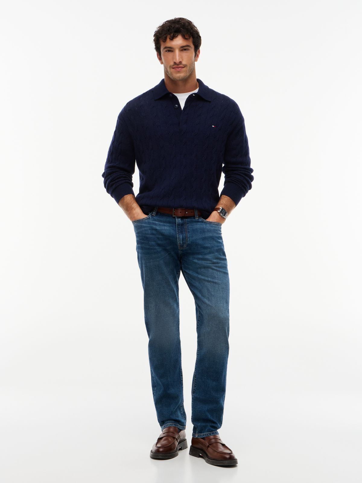 Pure Wool Cable Knit Rugby Jumper — Blue