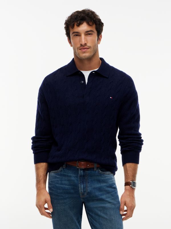 Pure Wool Cable Knit Rugby Jumper — Blue