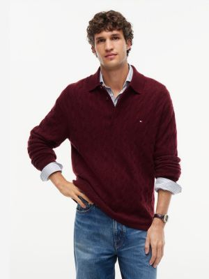 purple kabelgebreide rugbytrui van zuivere wol voor heren - tommy hilfiger