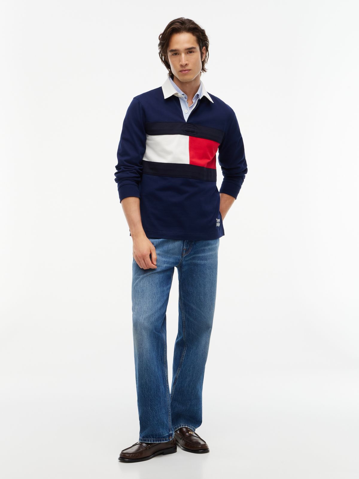 Colour-Blocked Flag Rugby Sweatshirt — Blue