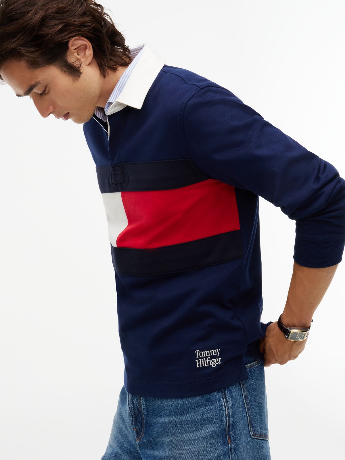 Colour-Blocked Flag Rugby Sweatshirt — Blue