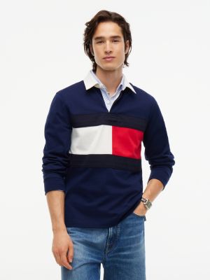 blue colour-blocked flag rugby sweatshirt for men tommy hilfiger