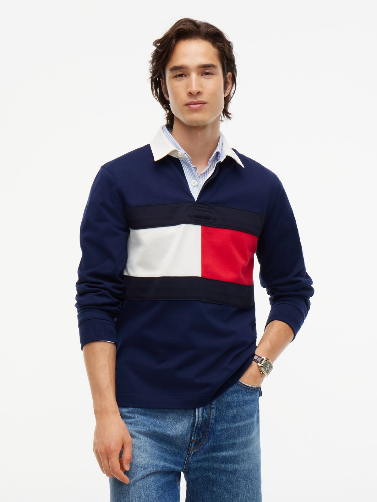 Colour-Blocked Flag Rugby Sweatshirt — Blue