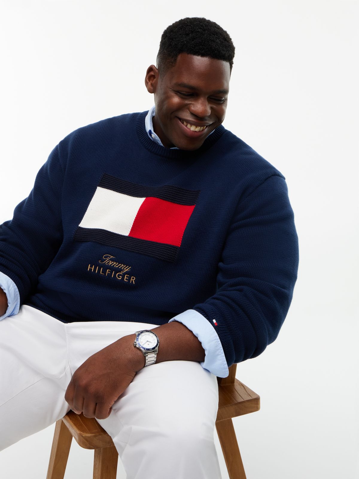 Plus Intarsia Flag Crew Neck Jumper — Blue