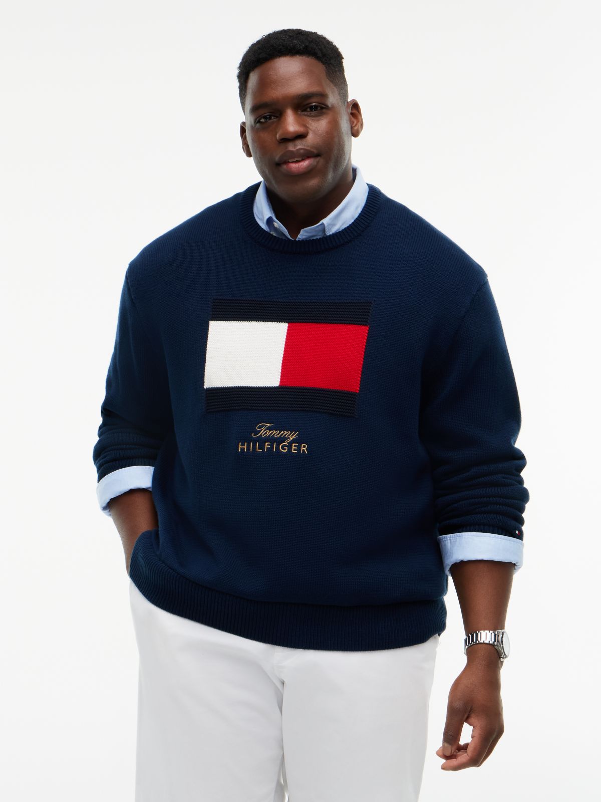 Plus Intarsia Flag Crew Neck Jumper — Blue