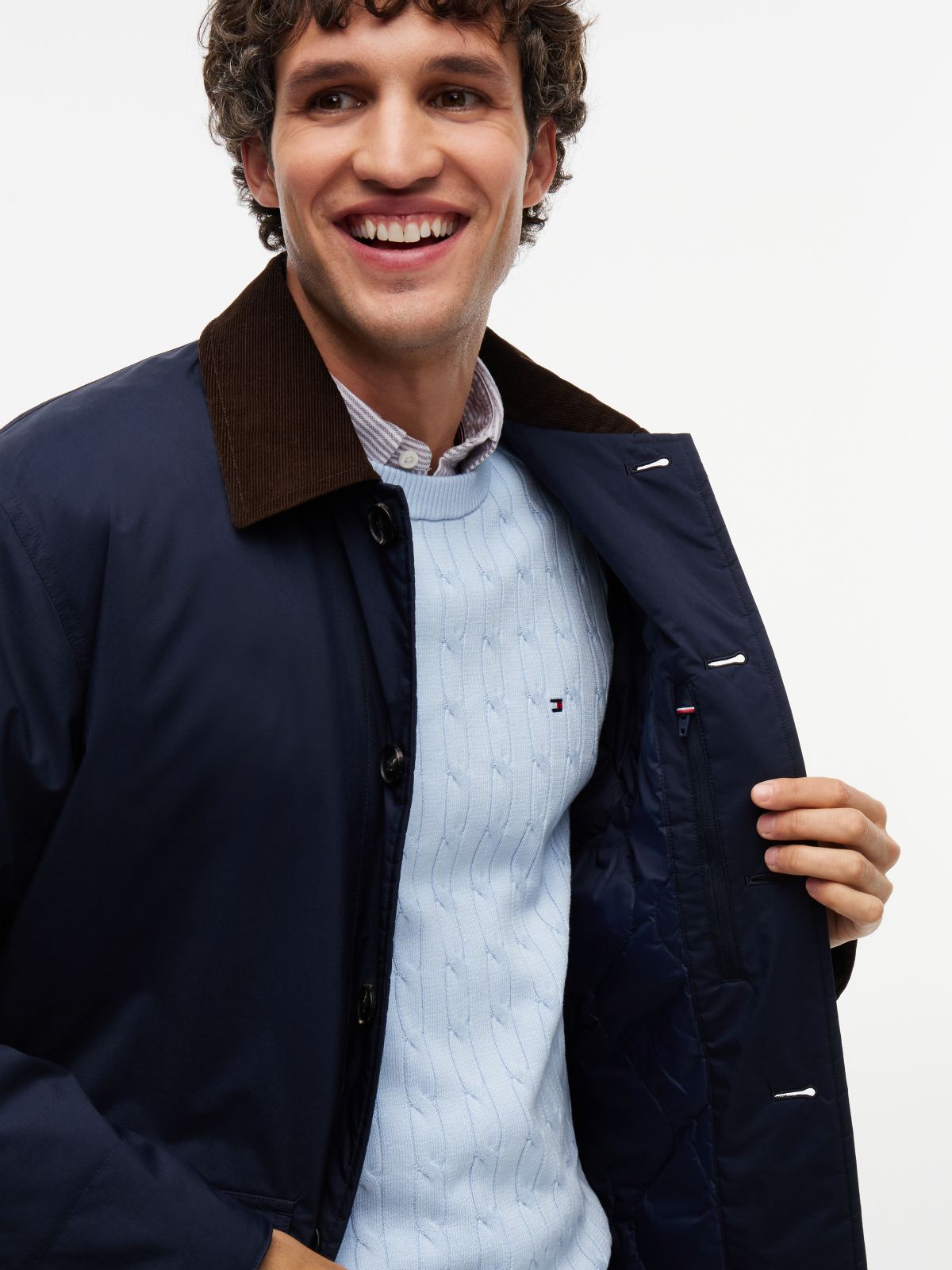 Corduroy Collar Padded Ripstop Barn Jacket — Blue