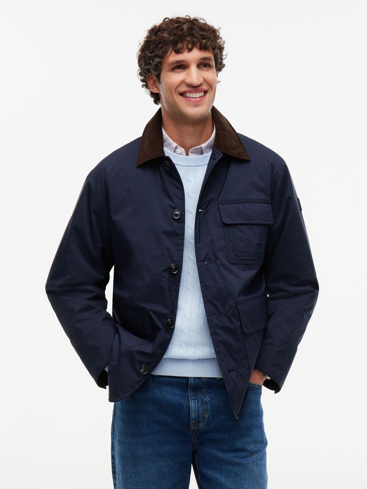 Corduroy Collar Padded Ripstop Barn Jacket — Blue