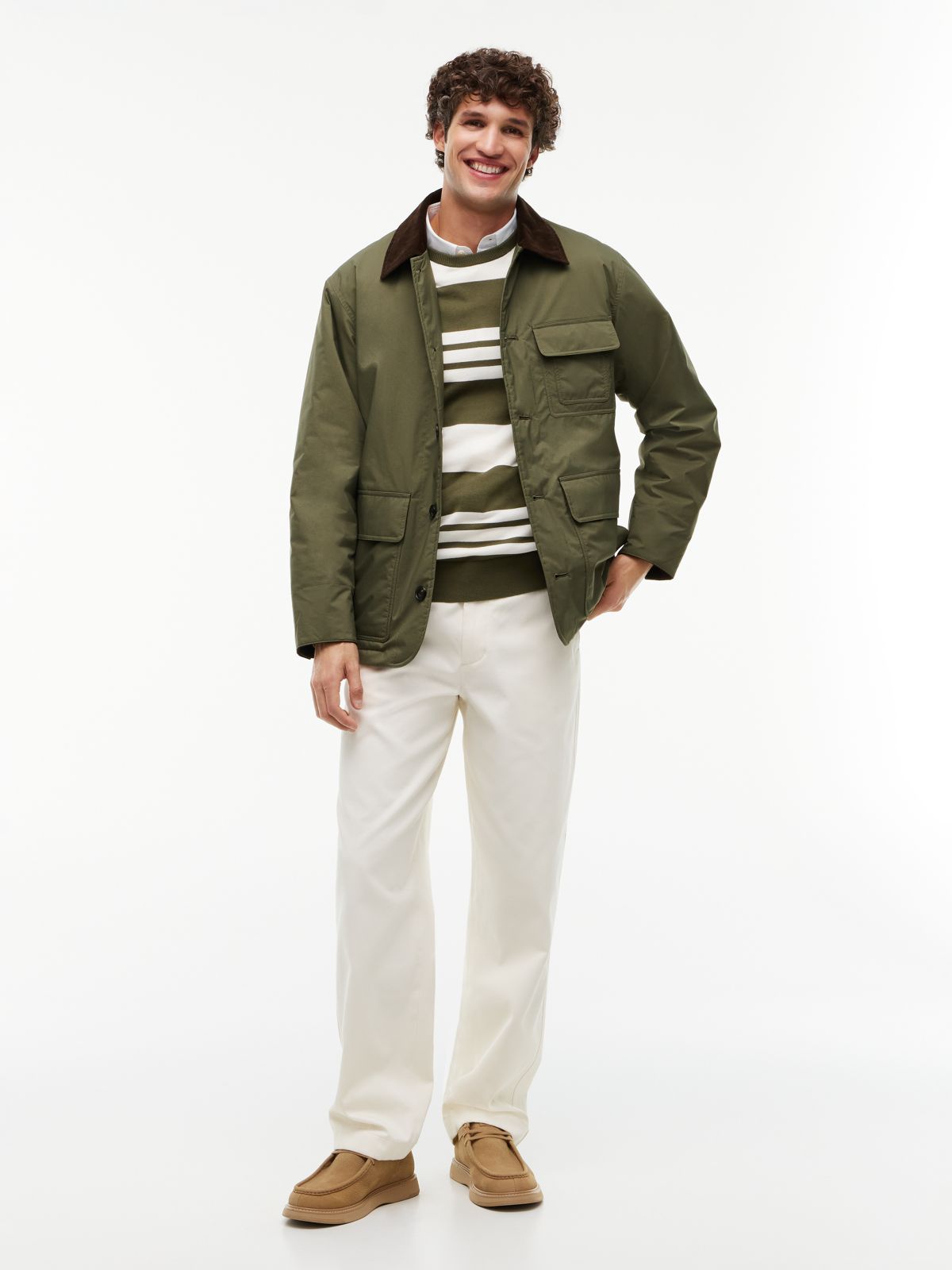 Corduroy Collar Padded Ripstop Barn Jacket — Green