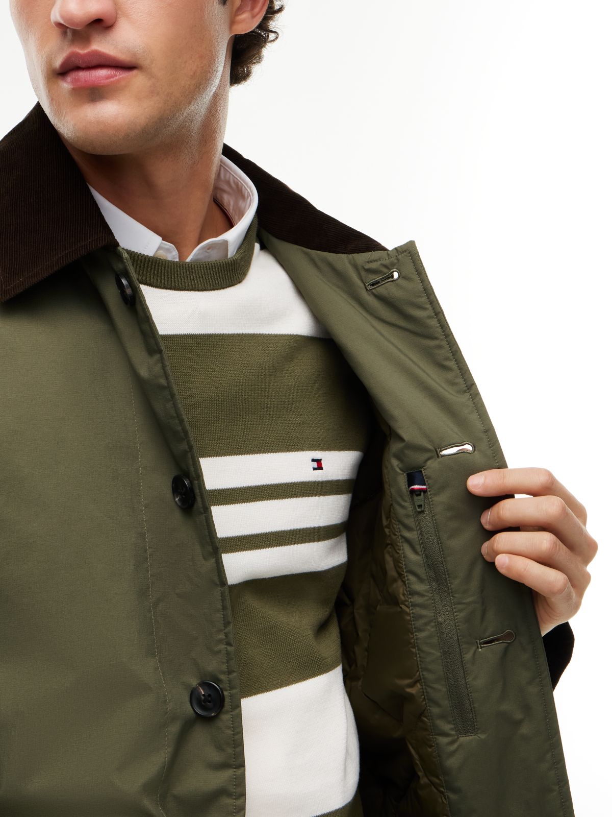Corduroy Collar Padded Ripstop Barn Jacket — Green