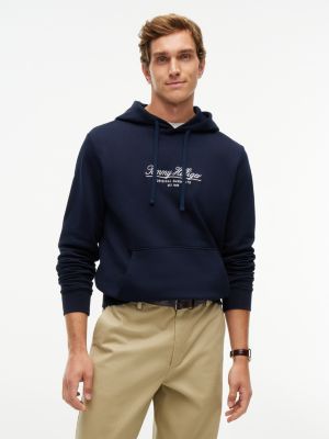 blue terry-hoodie mit flag-stickerei und tunnelzug für herren - tommy hilfiger