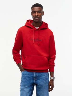 red logo embroidery terry drawstring hoody for men tommy hilfiger
