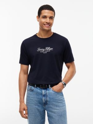 t-shirt à col ras-du-cou et logo brodé blue pour hommes tommy hilfiger