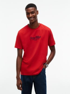 red logo embroidery crew neck t-shirt for men tommy hilfiger