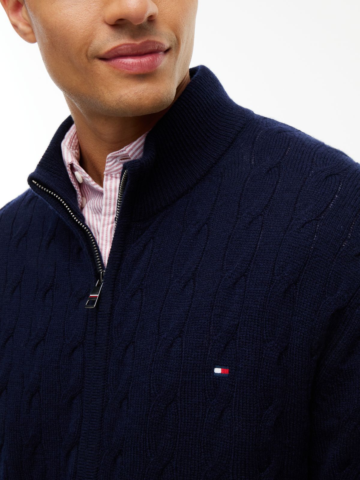 Lambswool Zip-Thru Cable Knit Jumper — Blue