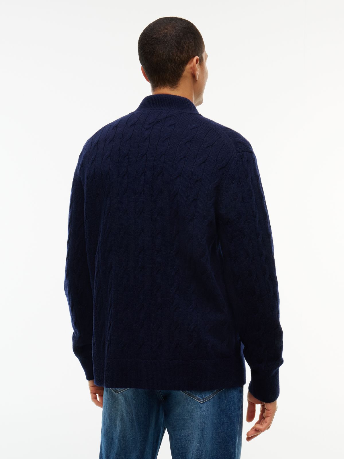 Lambswool Zip-Thru Cable Knit Jumper — Blue