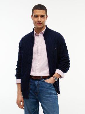 blue lambswool zip-thru cable knit jumper for men tommy hilfiger