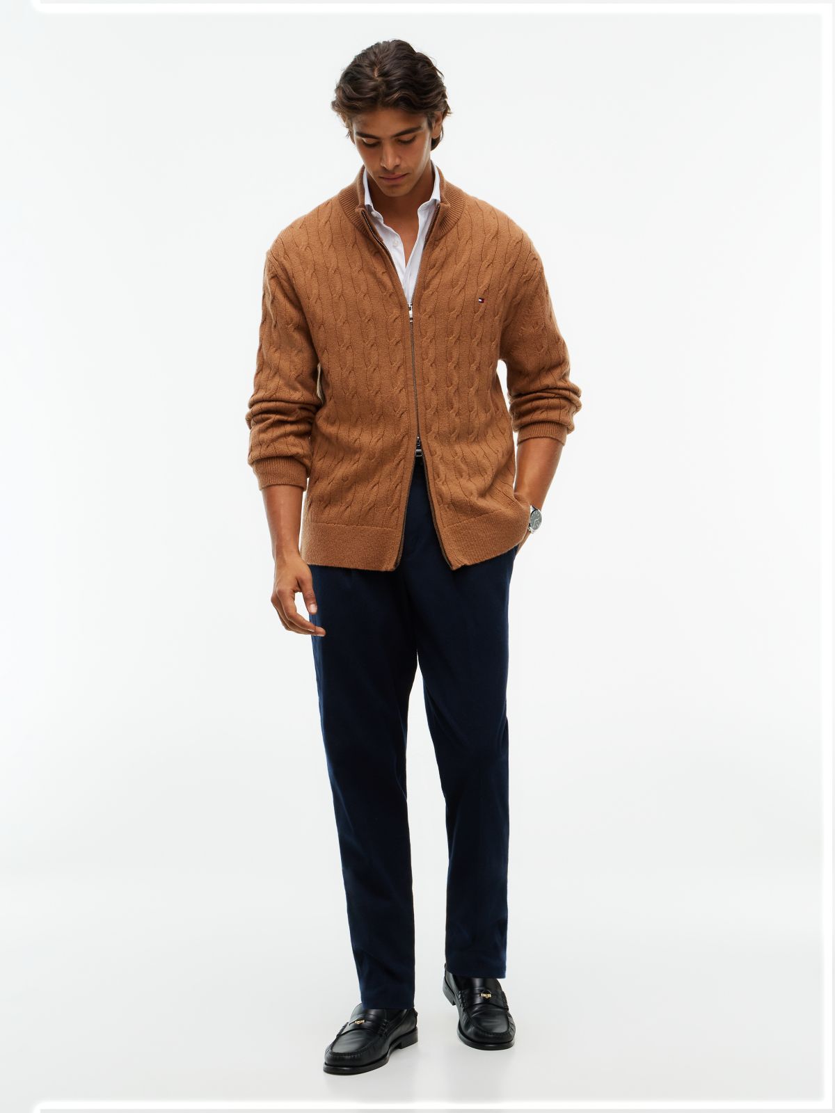 Lambswool Zip-Thru Cable Knit Jumper — Brown