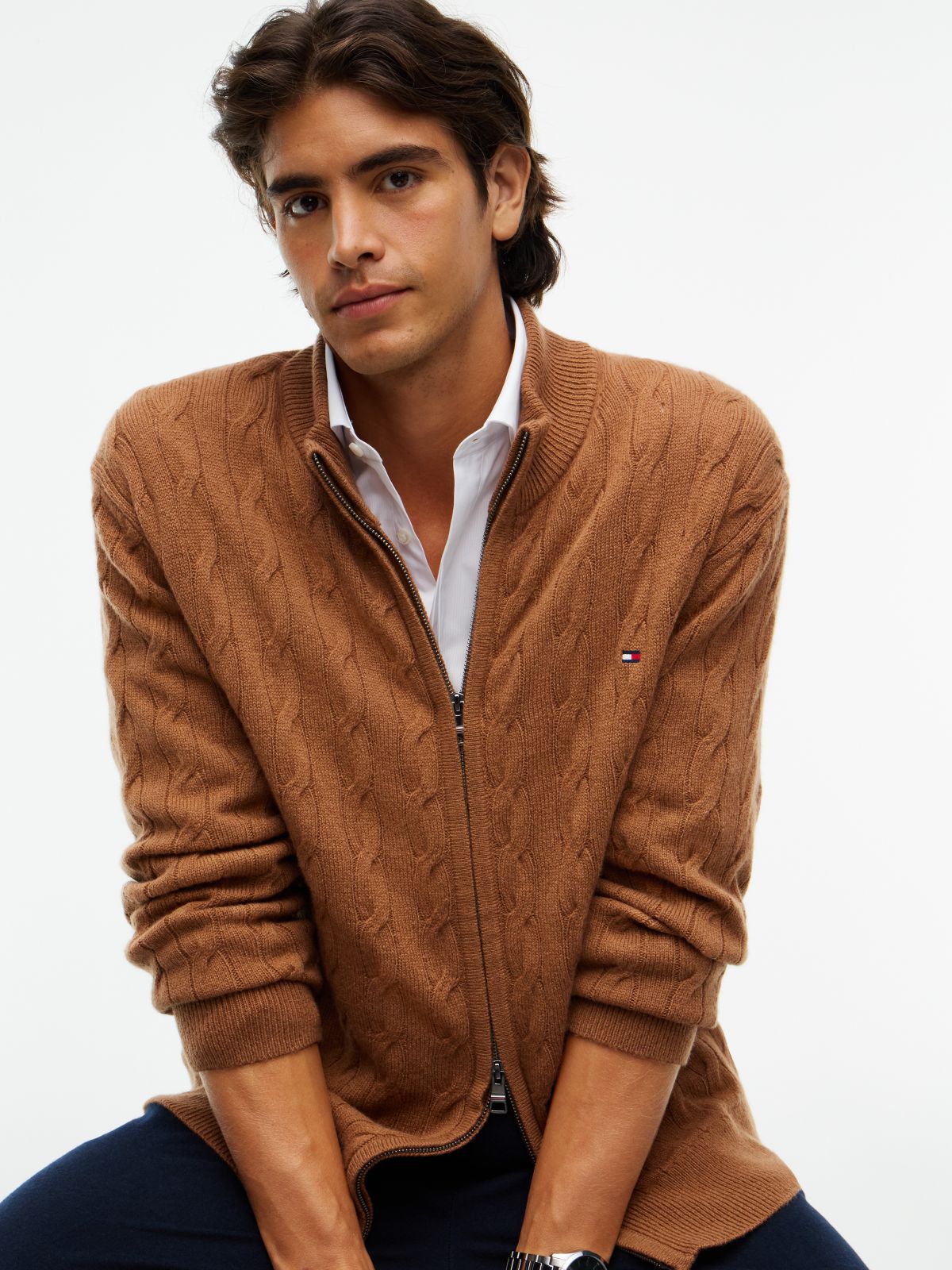 Lambswool Zip-Thru Cable Knit Jumper — Brown