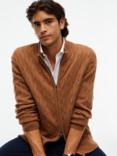 Lambswool Zip-Thru Cable Knit Jumper — Brown 3