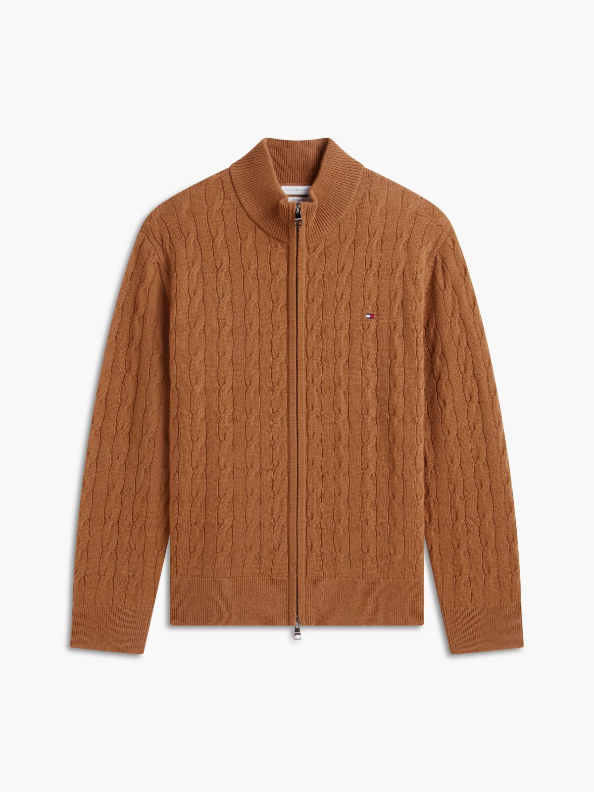 Lambswool Zip-Thru Cable Knit Jumper — Brown