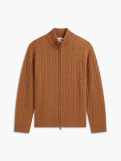Lambswool Zip-Thru Cable Knit Jumper — Brown 5
