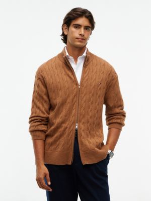 brown lambswool zip-thru cable knit jumper for men tommy hilfiger