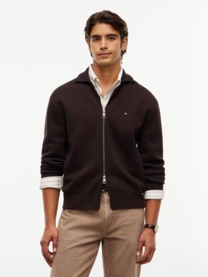 brown relaxed milano zip-thru collared jumper for men tommy hilfiger