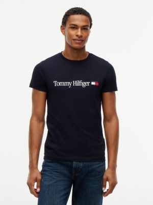 camiseta slim de punto con logo blue de hombres tommy hilfiger