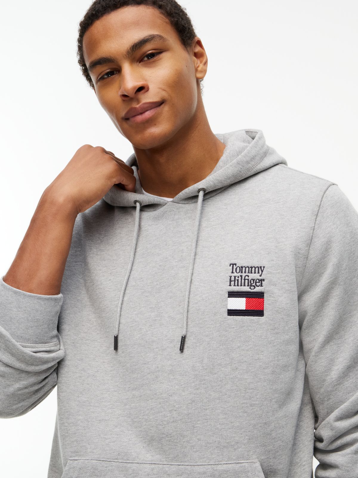 Stack Logo Terry Drawstring Hoody — Grey