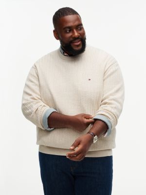 beige plus herringbone knit crew neck jumper for men tommy hilfiger