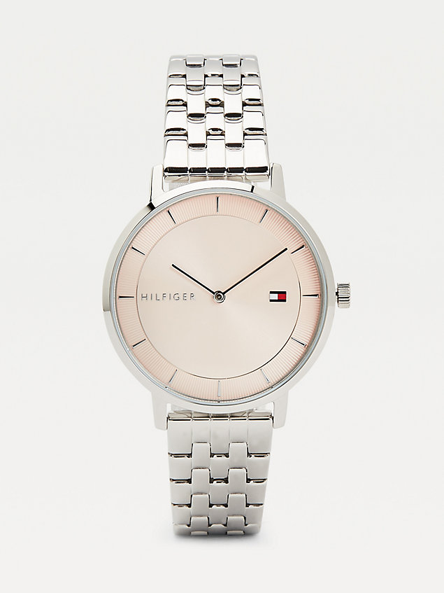 silver silver-tone round dial watch for women tommy hilfiger