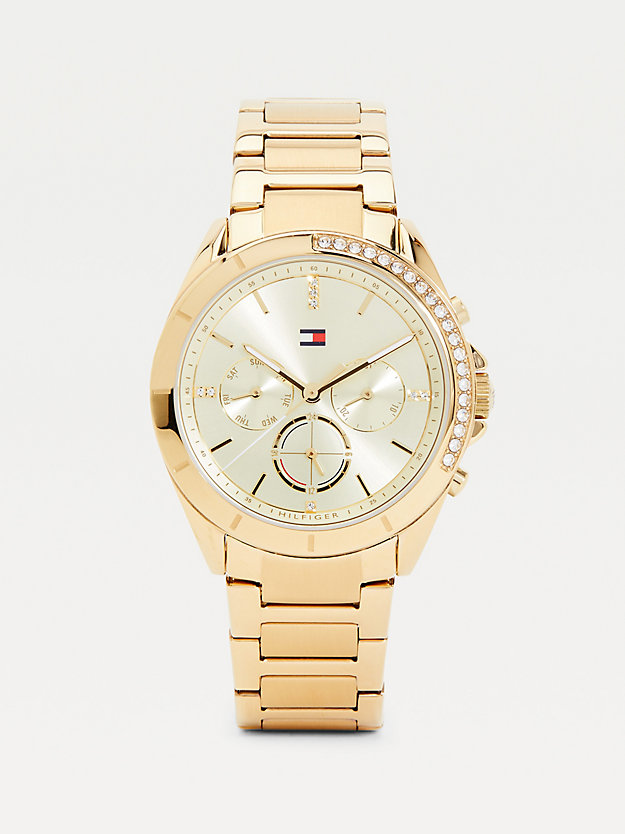 gold vergoldete kristallverzierte armbanduhr für damen - tommy hilfiger