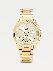 złoty pozłacany zegarek ozdobiony kryształkami dla kobiety - tommy hilfiger
