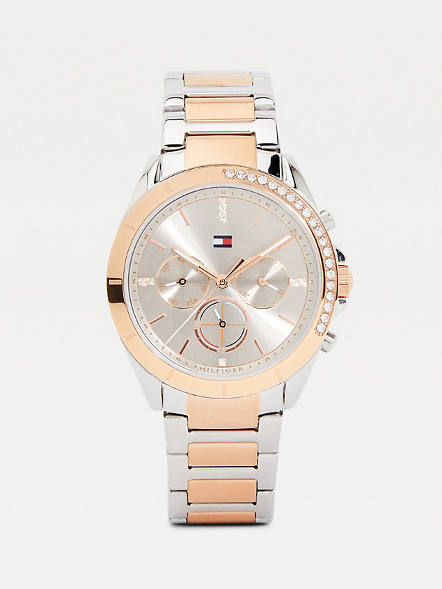 silver tweekleurig horloge met kristallen voor dames - tommy hilfiger