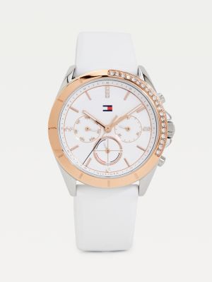 Crystal Embellished Two Tone Rubber Strap Watch White Tommy Hilfiger