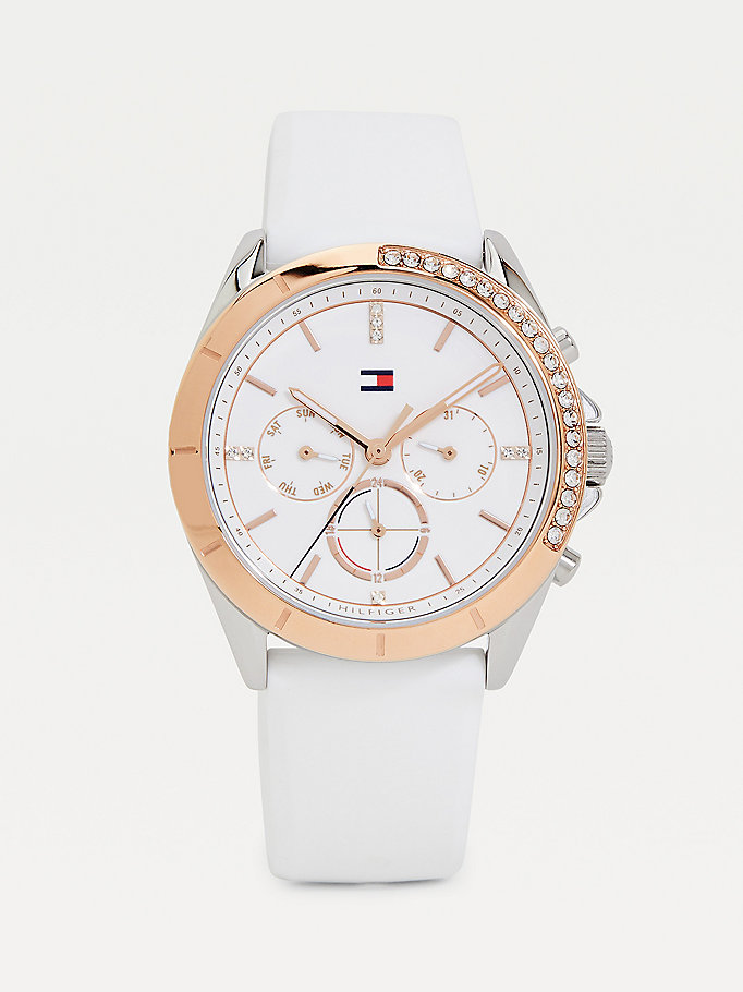 white crystal-embellished two-tone rubber strap watch for women tommy hilfiger