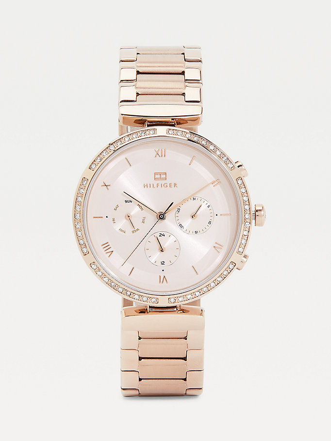 pink carnation gold-plated crystal-embellished watch for women tommy hilfiger