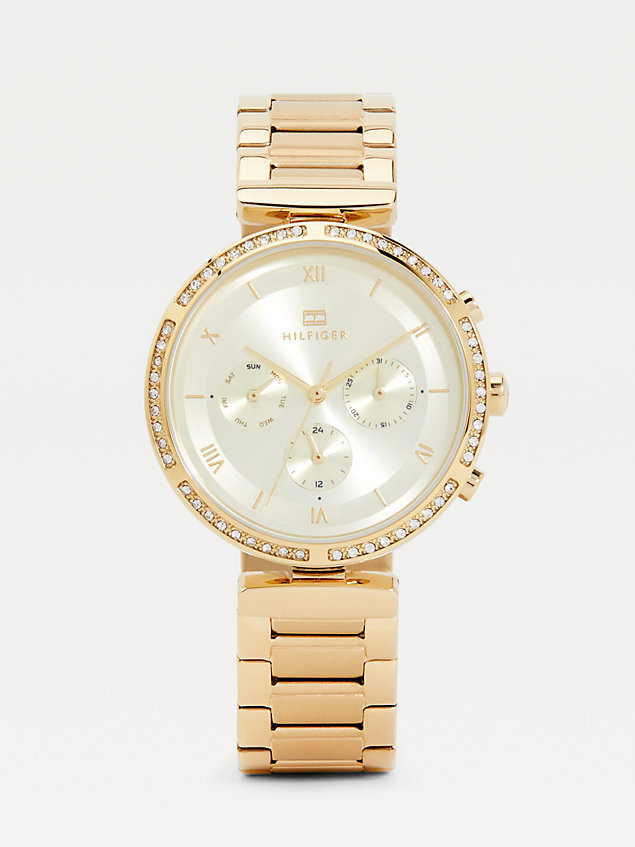 gold gold ionic-plated crystal-embellished watch for women tommy hilfiger