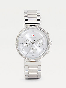 srebrny zegarek ze stali nierdzewnej z kryształkami dla kobiety - tommy hilfiger