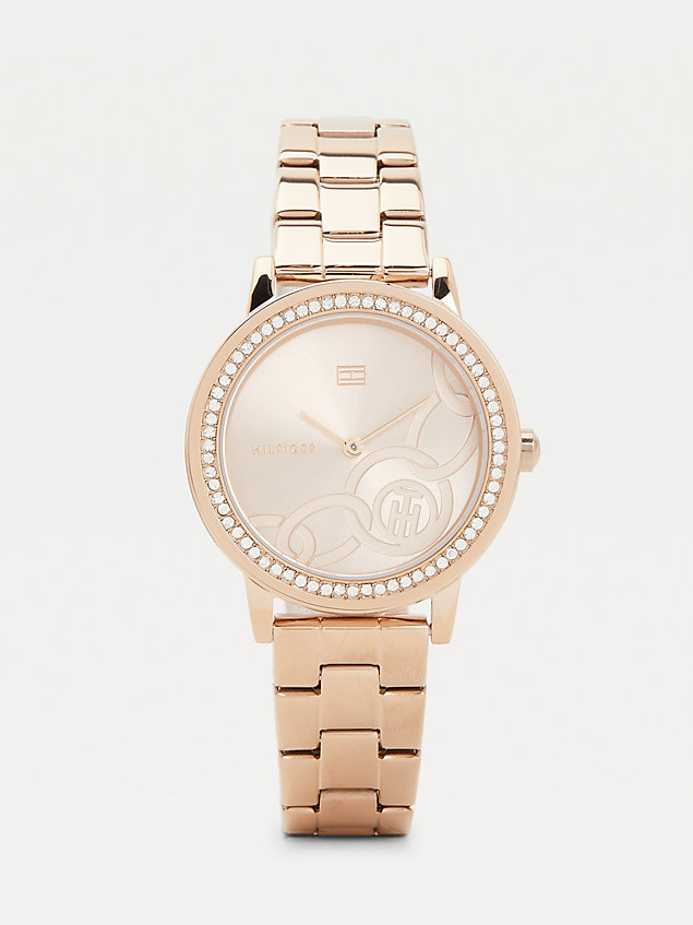 pink rose gold-plated crystal bezel watch for women tommy hilfiger