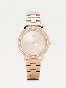 pink rose gold-plated crystal bezel watch for women tommy hilfiger