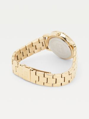 gold vergoldete armbanduhr mit kristall-lünette für damen - tommy hilfiger